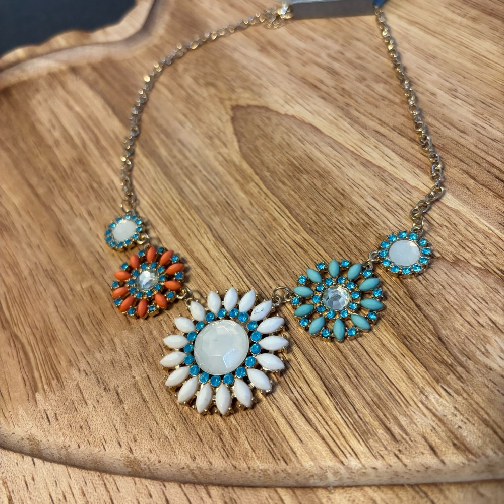 Hannah Orange and Blue Statement Necklace with Floral Design